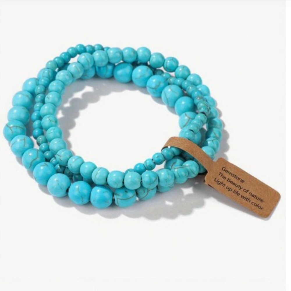 NWT 3pcs/Set Natural Pine Stone Turquoise Beaded Bracelets 4mm/6mm/8mm Beads